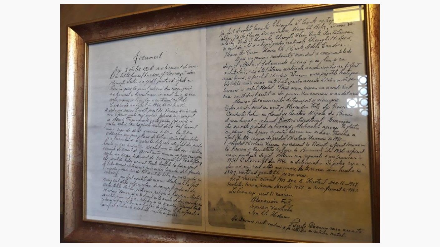 Parohia Nănești, document în care sunt însemnate finalizarea lucrărilor și greutățile care au fost întâmpinate pe parcursul ridicării bisericii în perioada 1940-1956, sub coordonarea preotului Nicolae Vascan