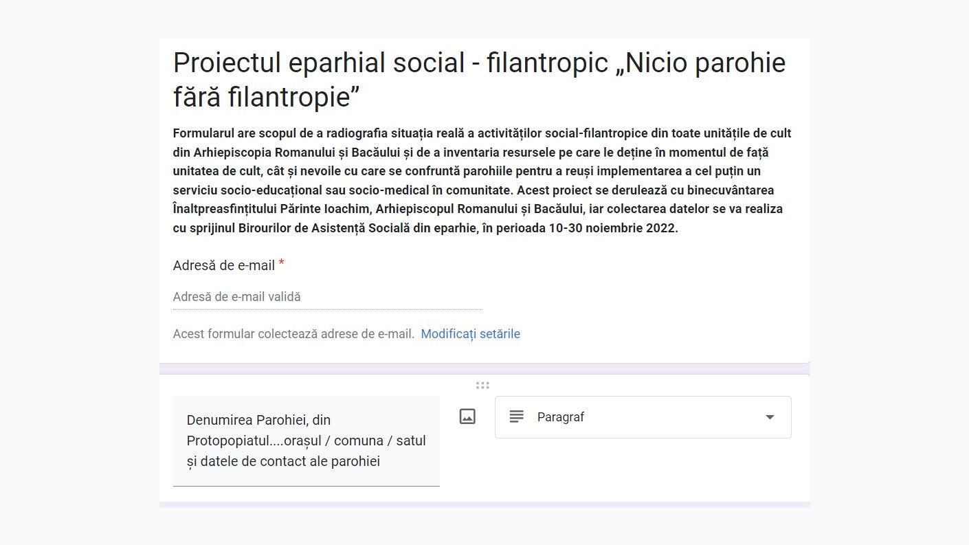 Formular google forms aplicat de Sectorul social în parohii în cadrul acestui proiect